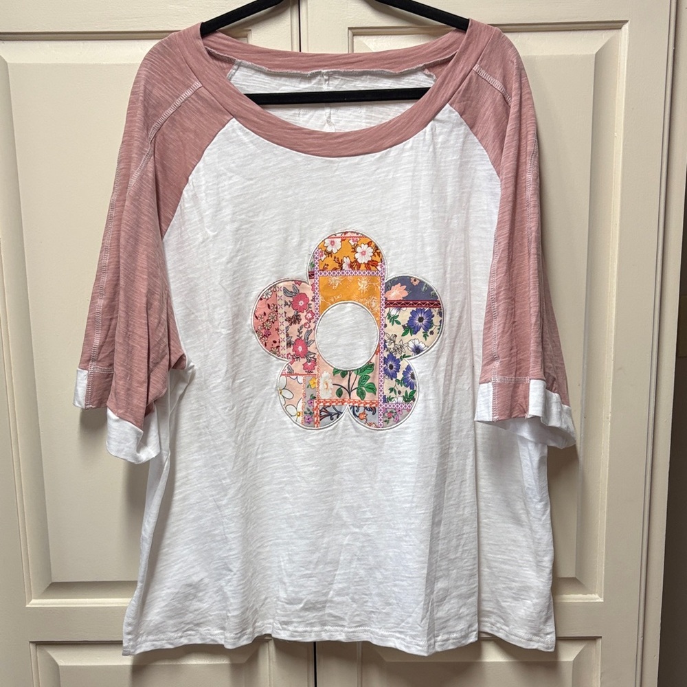 NWOT Floral Patchwork Top with Pink and Orange Accents